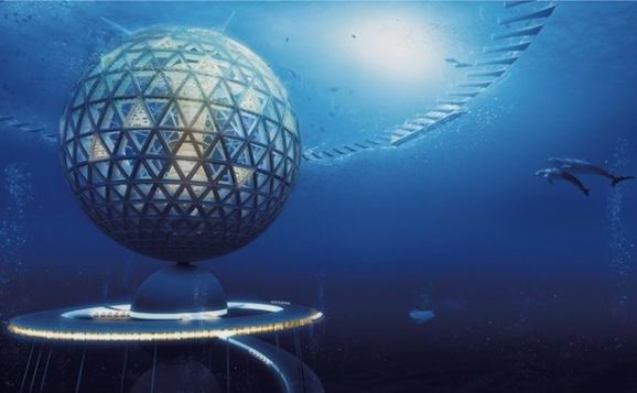 近日，日本清水建设公司推出了一系列水下城市的设计图，未来感十足。这是一个直径为500米的浮动圆球建筑，可以容纳酒店、居住区和商业综合体。