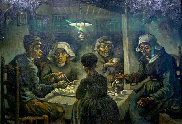 《吃马铃薯的人》。梵高作于1885年，为画布油画，油画尺寸81.5x114.5厘米。